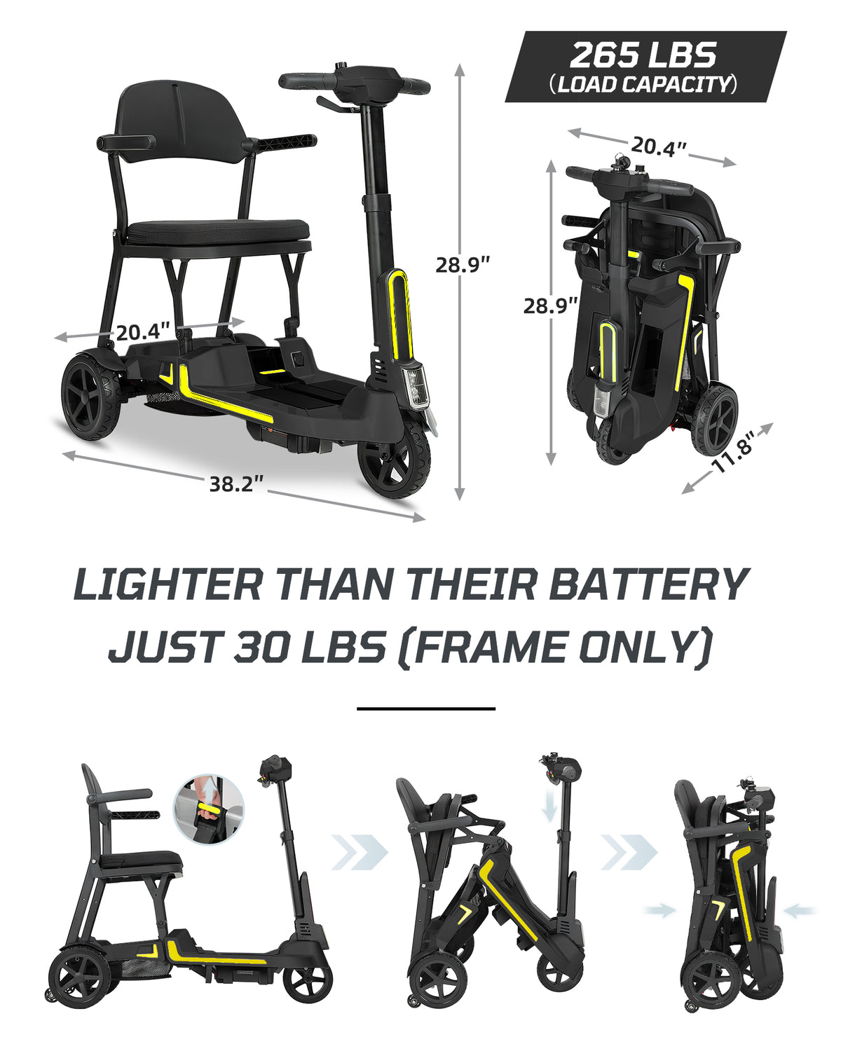 Mbxcooter 30 lbs Lightweight Foldable Mobility Scooter for Seniors & Adults, Portable 3-Wheel Electric Travel Scooter with 33" Turning Radius, Dual Airline-Approved Lithium Batteries, 20–32 Mile Range,Black