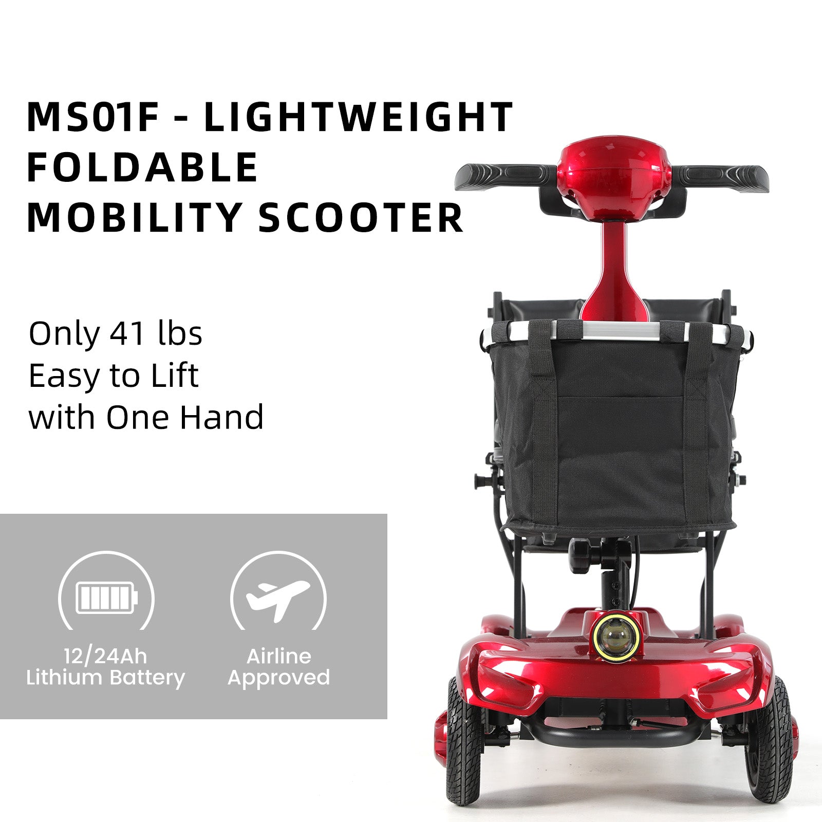 ECOMOBI MS01 F Lightweight Mobility Scooter, 41 lbs, 12/24 Mile Range, 300 lbs Capacity, LED Light & Triple Storage