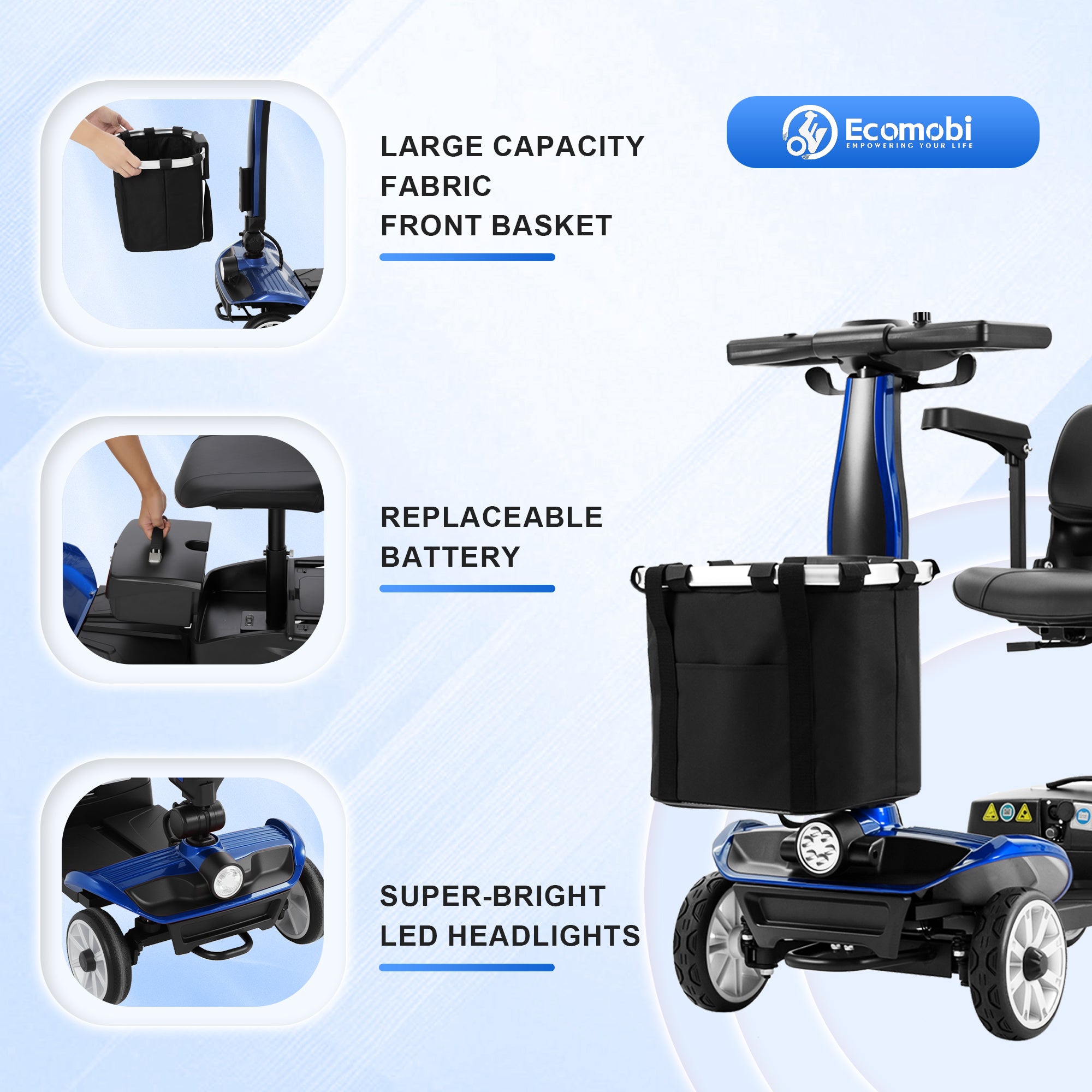 Ecomobi™ MS01 PRO 4-Wheel Foldable Mobility Scooter for Seniors – 15-Mile Range, 330 lbs Capacity, Lightweight & Travel Friendly