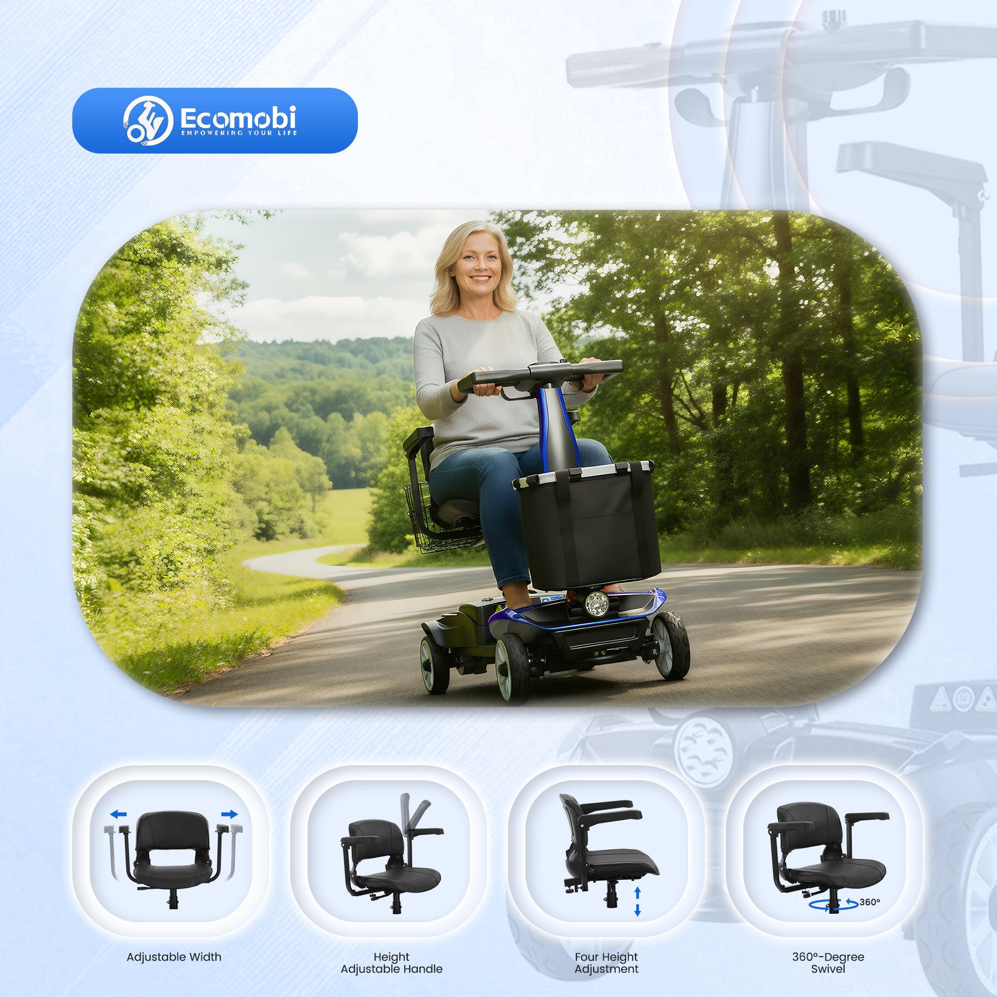 Ecomobi™ MS01 PRO 4-Wheel Foldable Mobility Scooter for Seniors – 15-Mile Range, 330 lbs Capacity, Lightweight & Travel Friendly