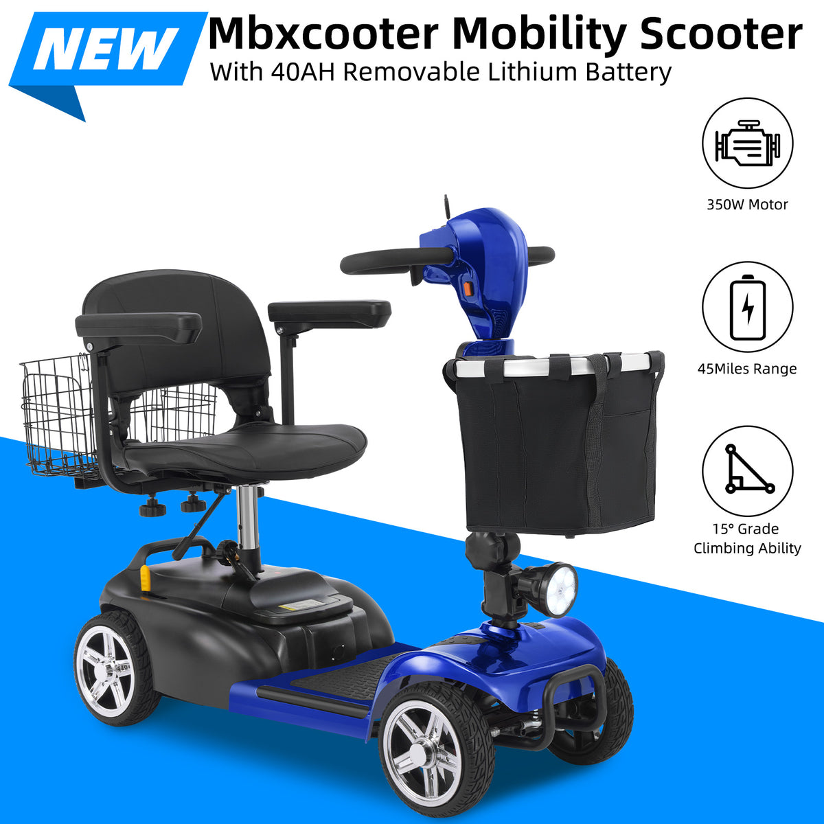 Mbxcooter 4 Wheel Mobility Scooter for Adults/Seniors,15-45 Miles Folding Electric Mobility Scooter,350W Electric Powered Wheelchair Device,Long Range Power Extended Battery,Dual Baskets