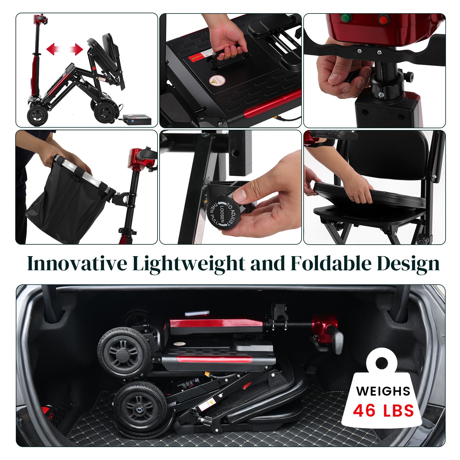 Ecomobi MS02-F-Ultra Mobility Scooter – 15-Mile Range, One-Touch Folding, 12Ah, Supports 330 lbs, Ideal for Seniors & Adults, Airline-Friendly