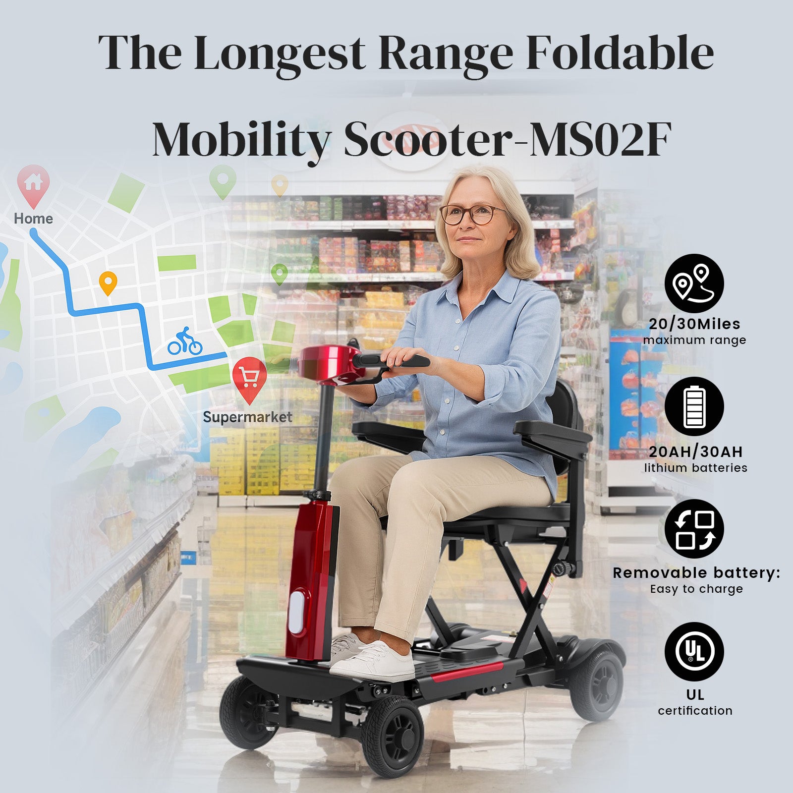 Ecomobi MS02 F Foldable Mobility Scooter for Adults - 15/20/30-Mile Range | 330LBS Capacity