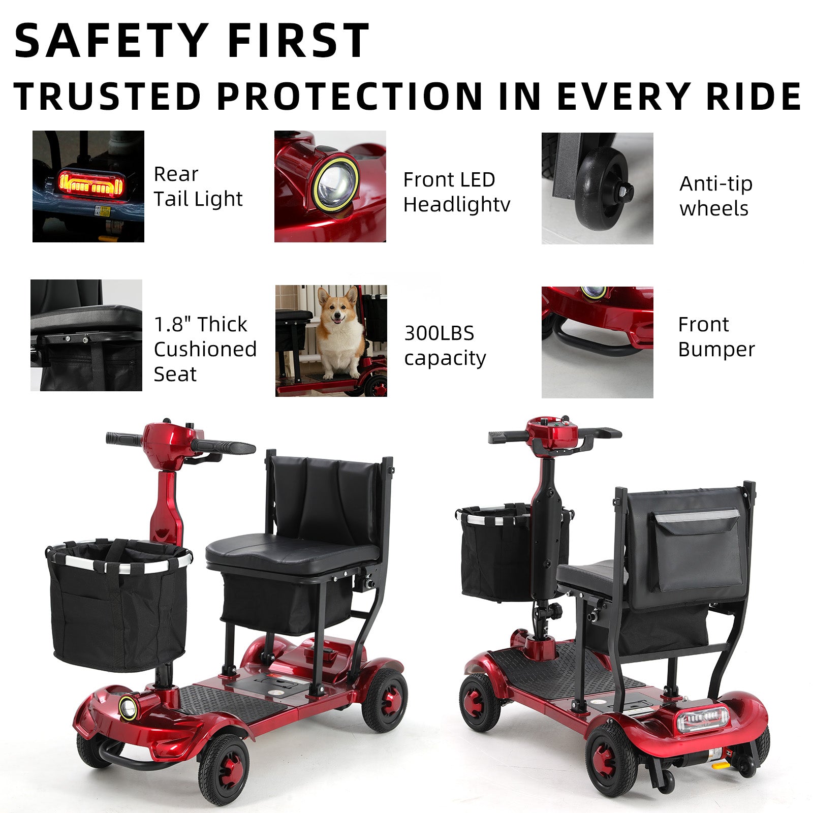 Ecomobi MS01 F Lightweight Mobility Scooter, 41 lbs, 12/24 Mile Range, 300 lbs Capacity, LED Light & Triple Storage