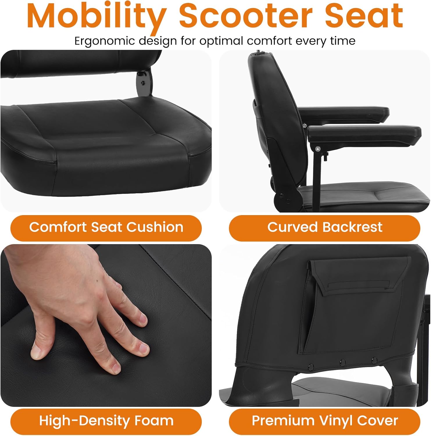 Ecomobi™ High Back Mobility Scooter Seat - Ergonomic Adjustable Headrest, 10cm Cushion, Foldable for Easy Transportation, Fits MS02/MS02 Pro Mobility Scooters.