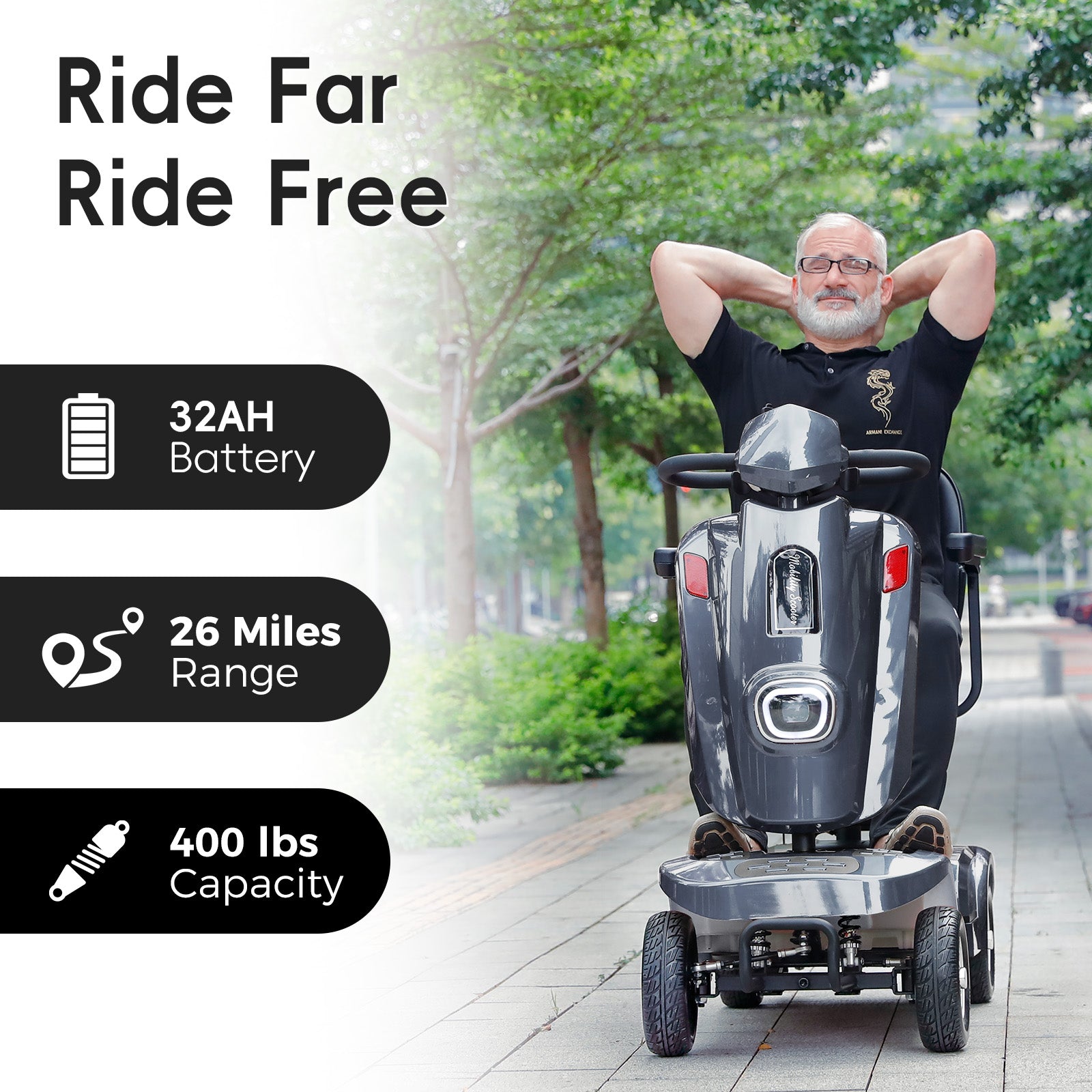 Ecomobi MS02 Plus Heavy Duty Mobility Scooter for Seniors & Adults, 400 Lbs Capacity, 16/26 Mile Range, 9 MPH, 500W Motor, All-Terrain Tires, SUV Friendly