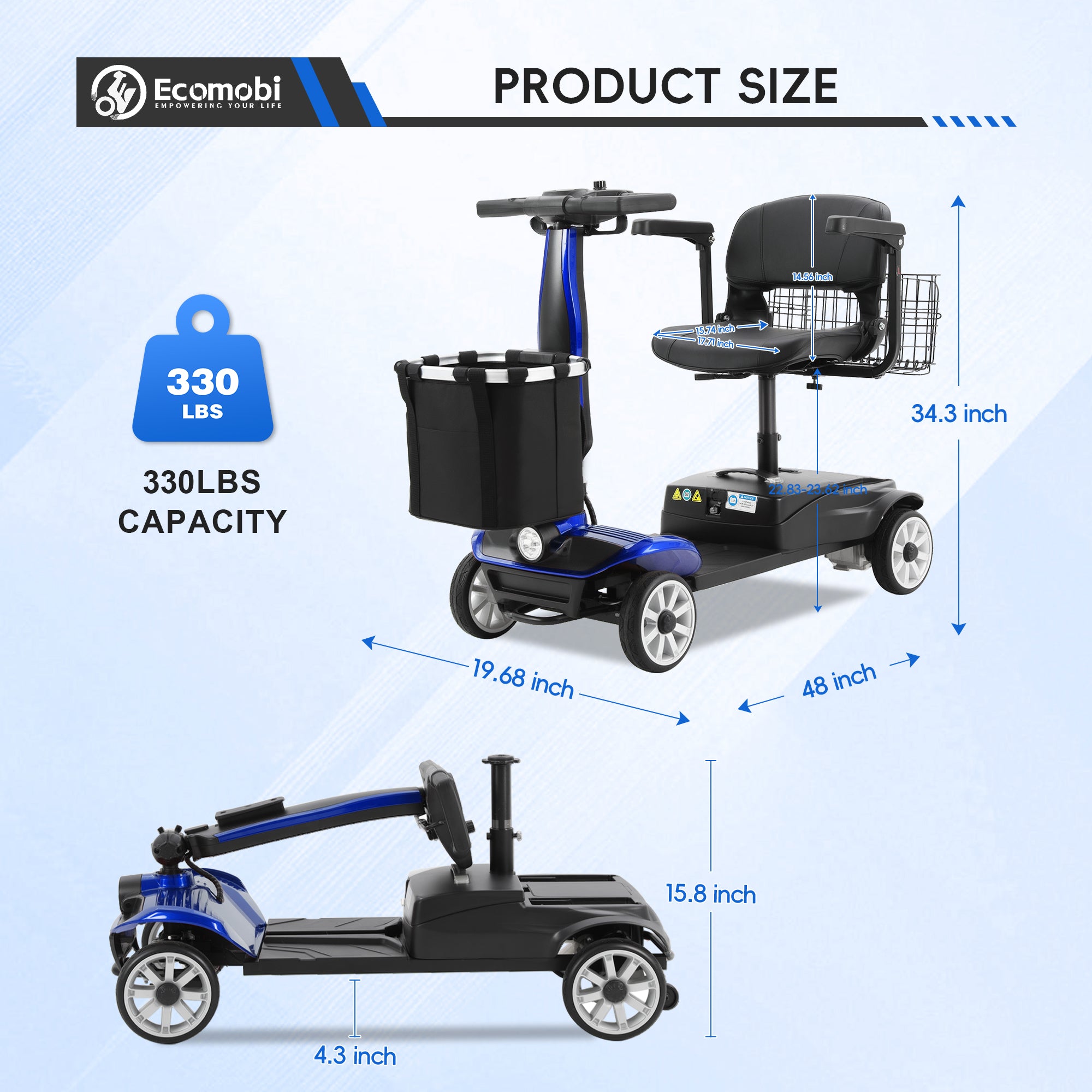 Ecomobi™ MS01 PRO 4-Wheel Foldable Mobility Scooter for Seniors – 15-Mile Range, 330 lbs Capacity, Lightweight & Travel Friendly