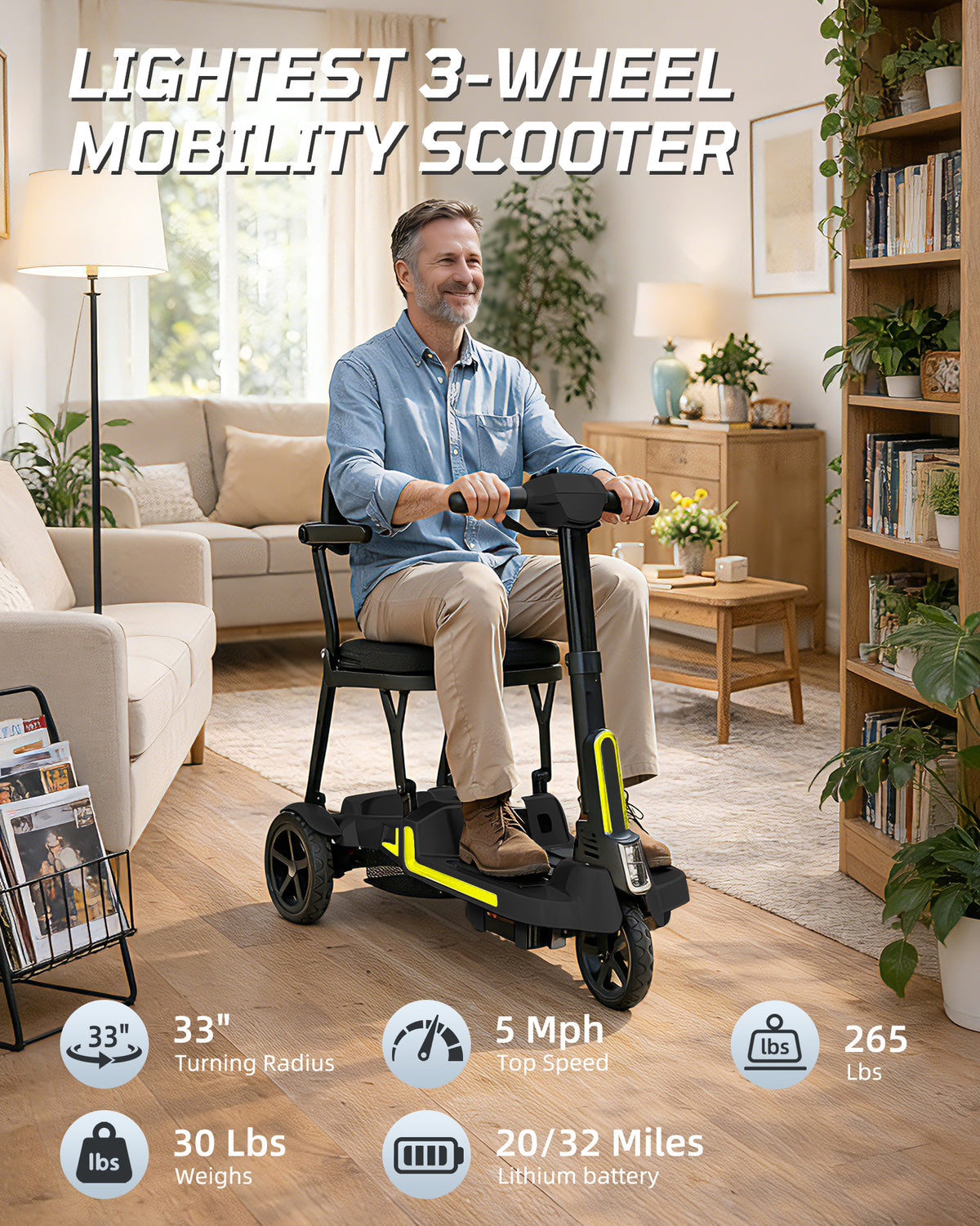 Mbxcooter 30 lbs Lightweight Foldable Mobility Scooter for Seniors & Adults, Portable 3-Wheel Electric Travel Scooter with 33" Turning Radius, Dual Airline-Approved Lithium Batteries, 20–32 Mile Range,Black
