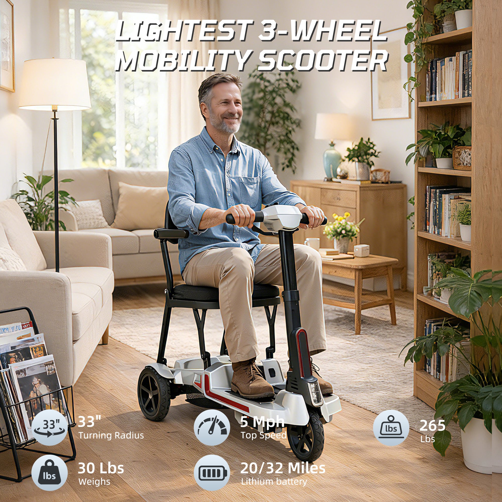 【Introducing the All-New】ECOMOBI M3 Lightweight Foldable Mobility Scooter for Seniors – 30 lbs, 33" Turning Radius, 20/32-Mile Range