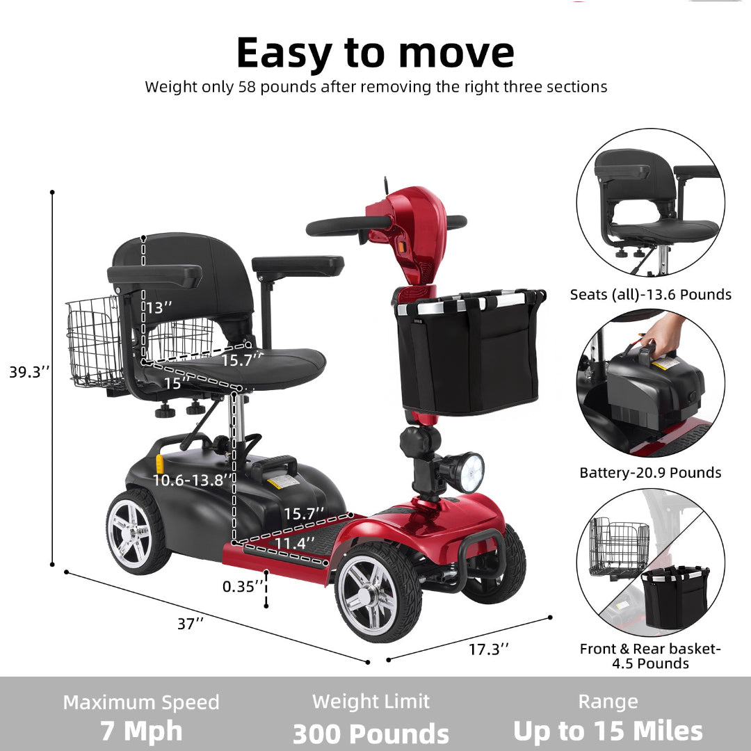 ECOMOBI MS02 4-Wheel Mobility Scooter for Seniors – Lightweight & Compact, Up to 15 Mi Range