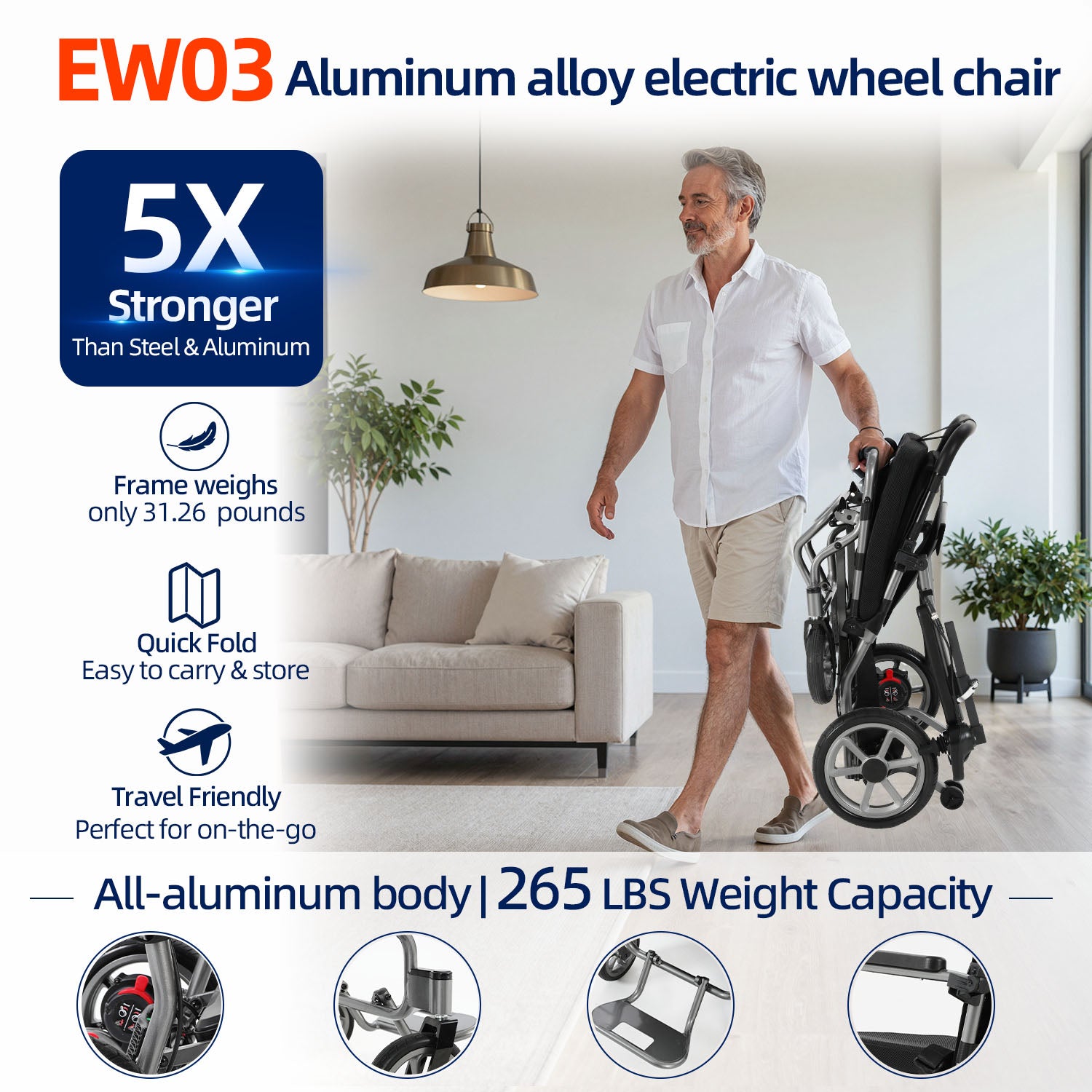 Ecomobi EW03 Electric Wheelchair Foldable Lightweight Aluminum Alloy 265lbs
