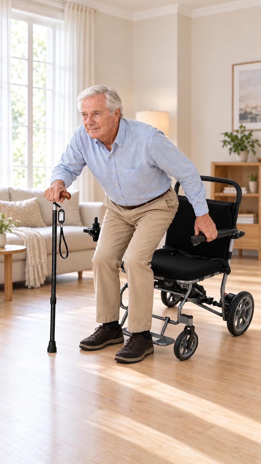 Ecomobi Electric Wheelchair with Carbon Fiber Walking Cane Adjustable