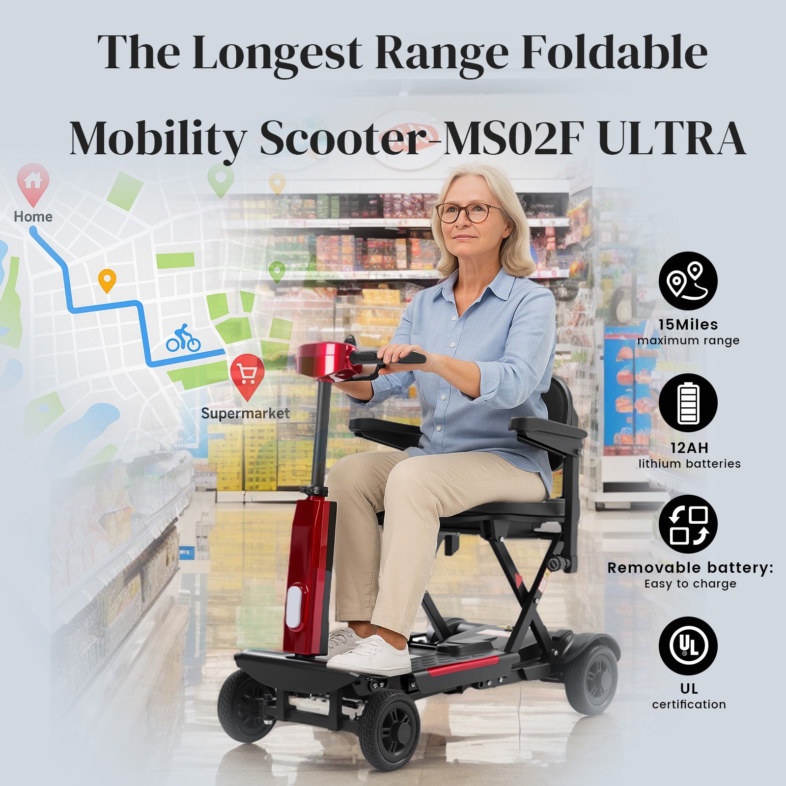 Ecomobi MS02-F-Ultra Mobility Scooter – 15-Mile Range, One-Touch Folding, 12Ah, Supports 330 lbs, Ideal for Seniors & Adults, Airline-Friendly
