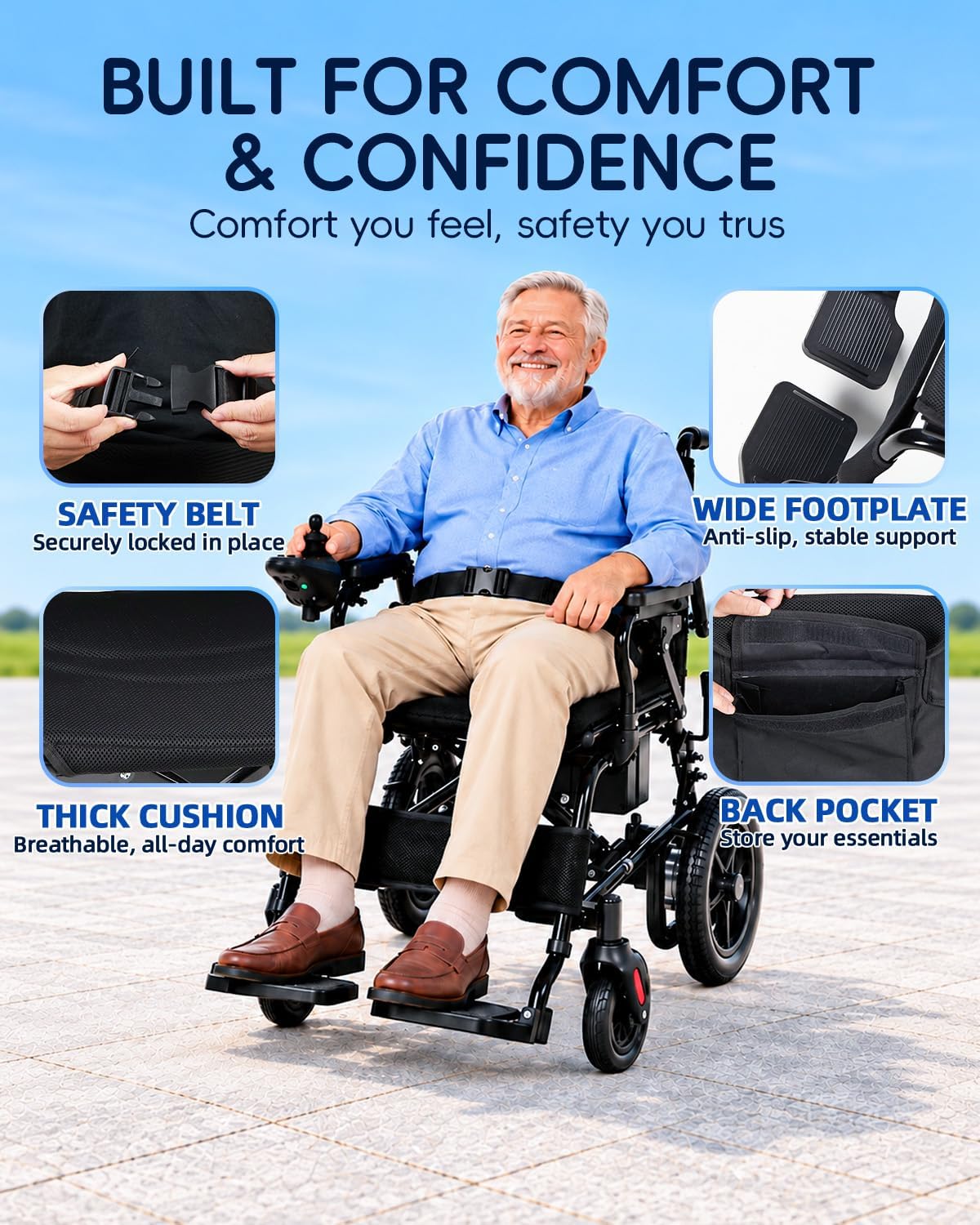 Ecomobi Electric Wheelchair with Walking Cane 300 LBS Weight Capacity