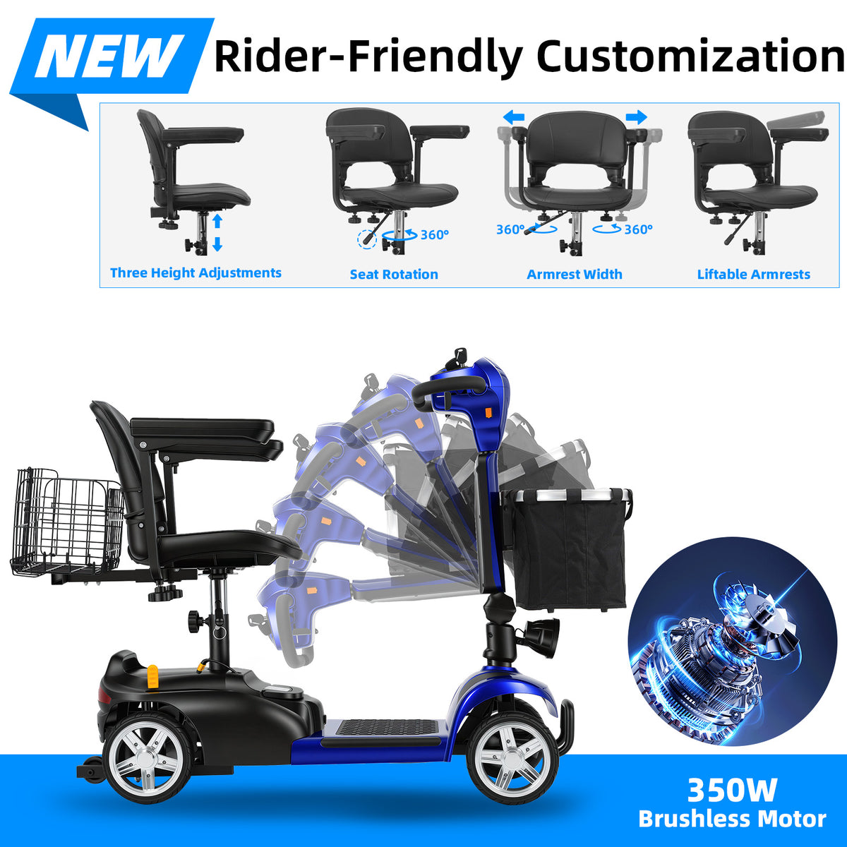 Mbxcooter  4 Wheel Mobility Scooter for Adults/Seniors,15-45 Miles Folding Electric Mobility Scooter,350W Electric Powered Wheelchair Device,Long Range Power Extended Battery,Dual Baskets