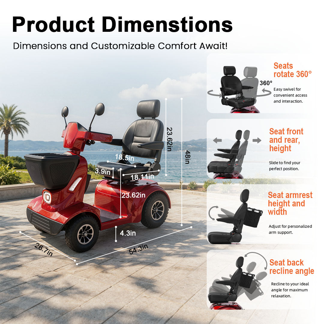 ECOMOBI MS02 MAX Heavy-Duty Mobility Scooter for Seniors – 32-Mile Range | 500 lbs Capacity