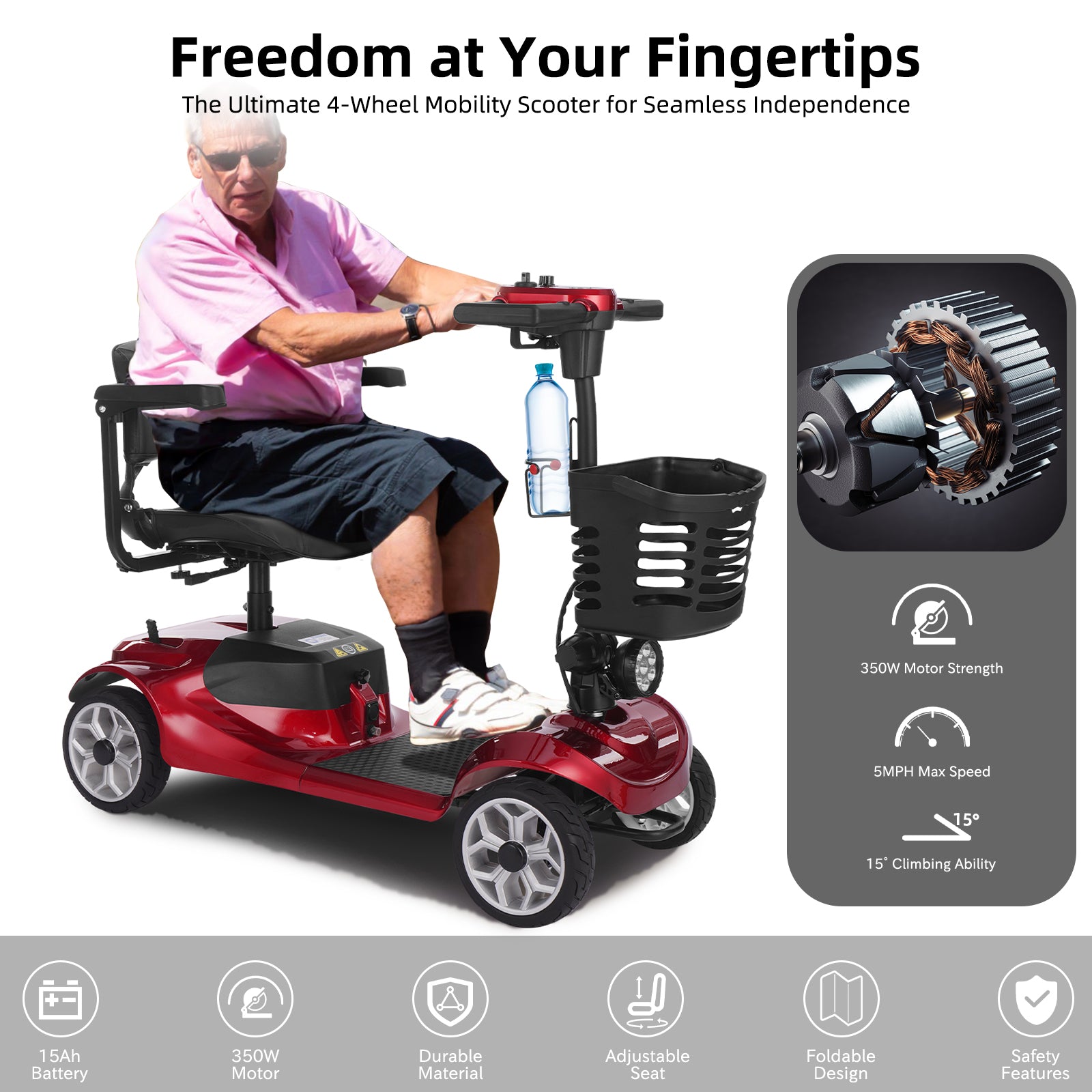 Ecomobi MS01 4-Wheel Foldable Mobility Scooter for Seniors – 15-Mile Range | 300 lbs Capacity