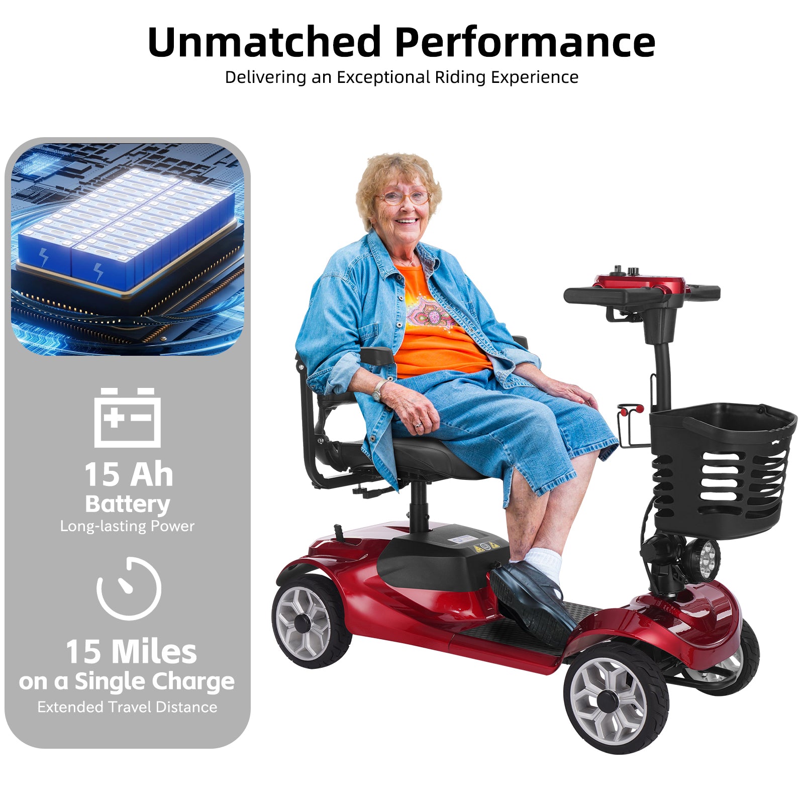 Ecomobi MS01 4-Wheel Foldable Mobility Scooter for Seniors – 15-Mile Range | 300 lbs Capacity