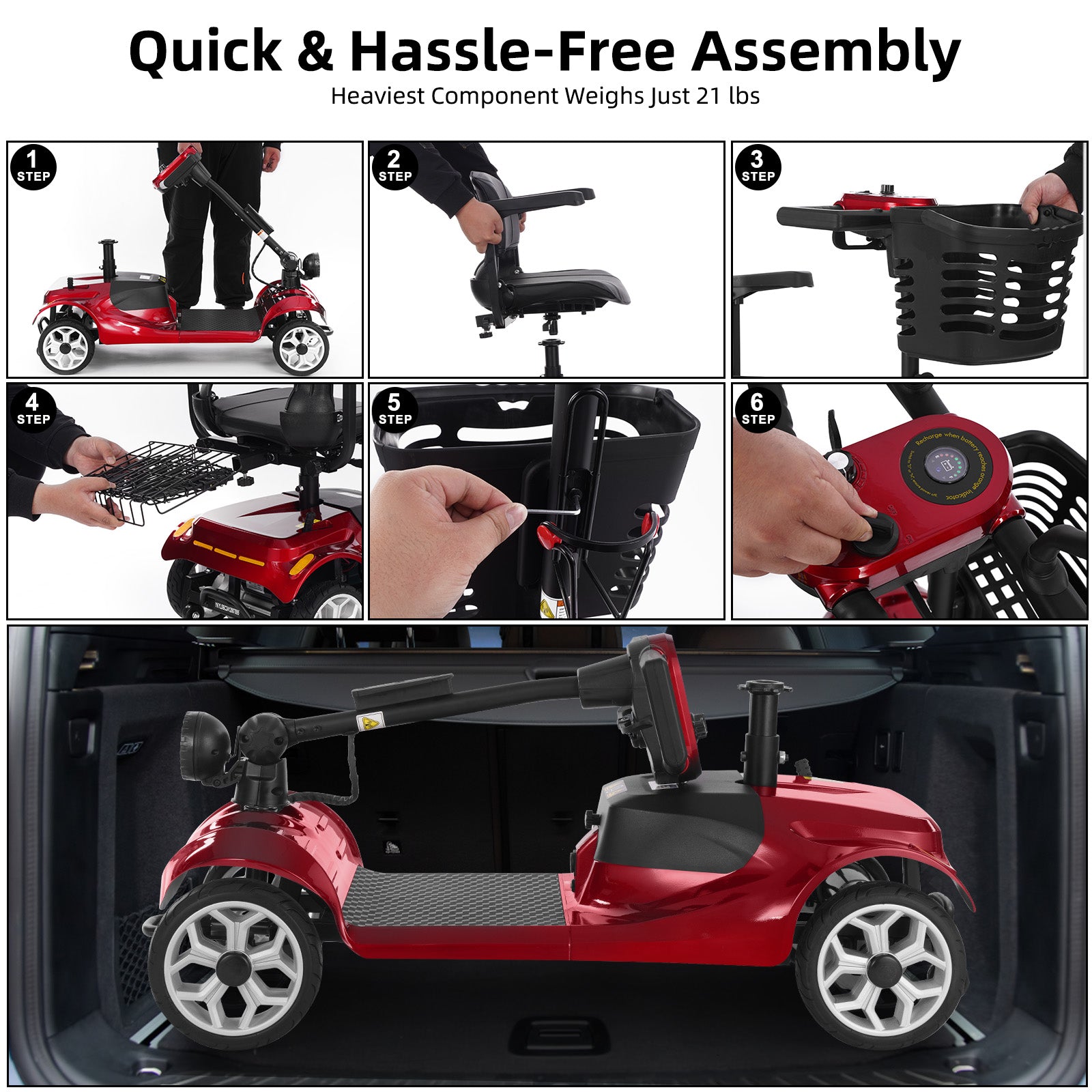 Ecomobi MS01 4-Wheel Foldable Mobility Scooter for Seniors – 15-Mile Range | 300 lbs Capacity