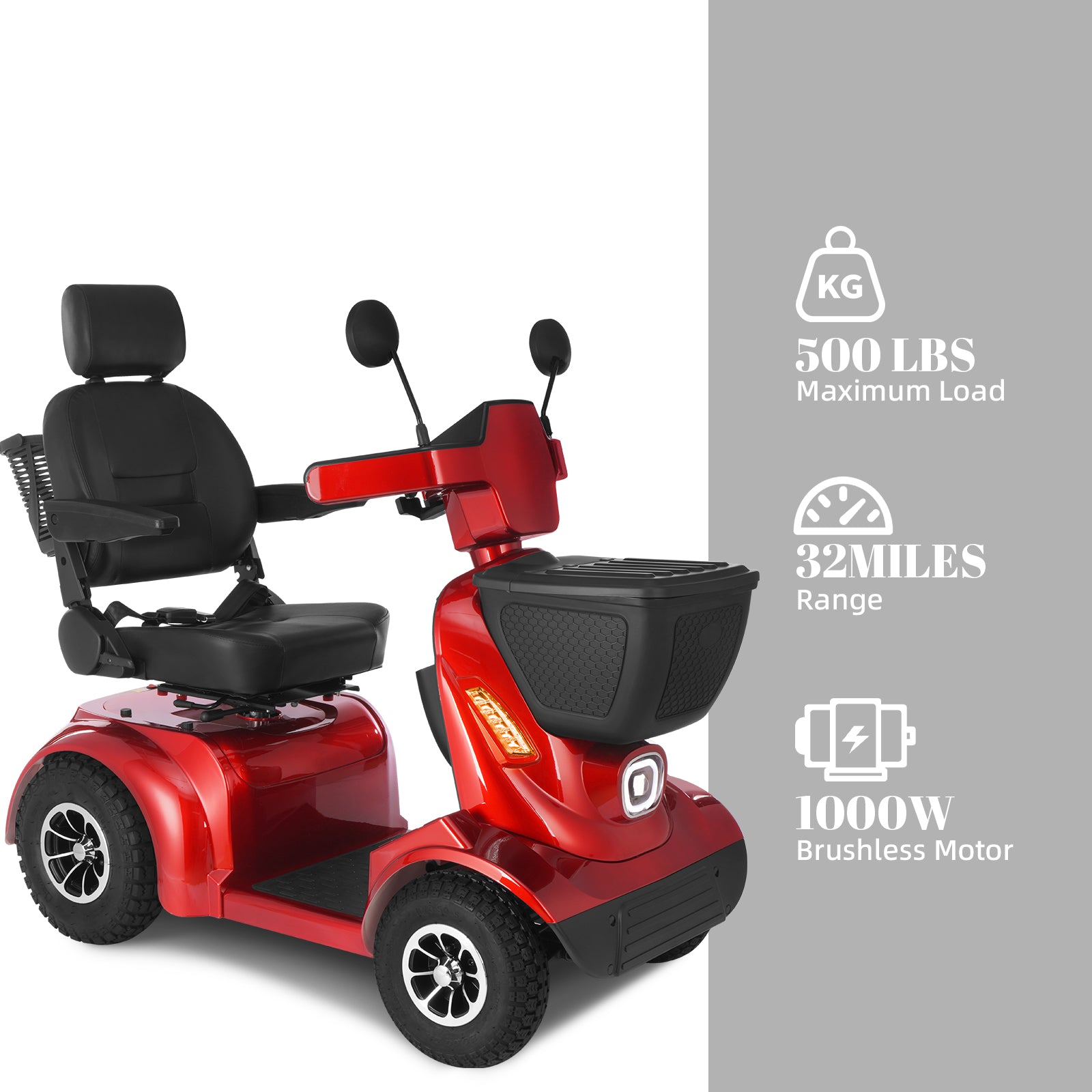 Ecomobi MS02 MAX Heavy-Duty Mobility Scooter for Seniors – 32-Mile Range | 500 lbs Capacity