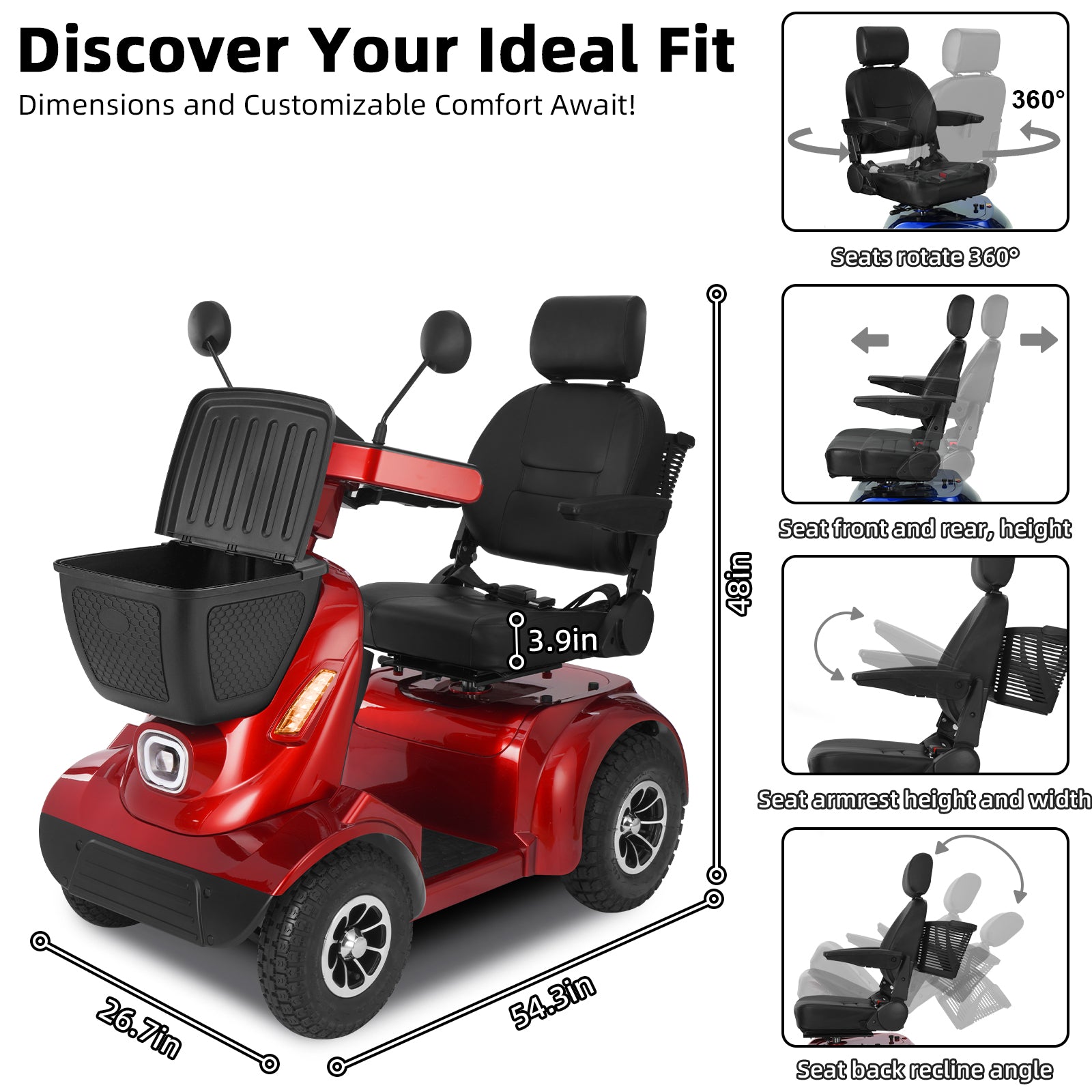 Ecomobi MS02 MAX Heavy-Duty Mobility Scooter for Seniors – 32-Mile Range | 500 lbs Capacity