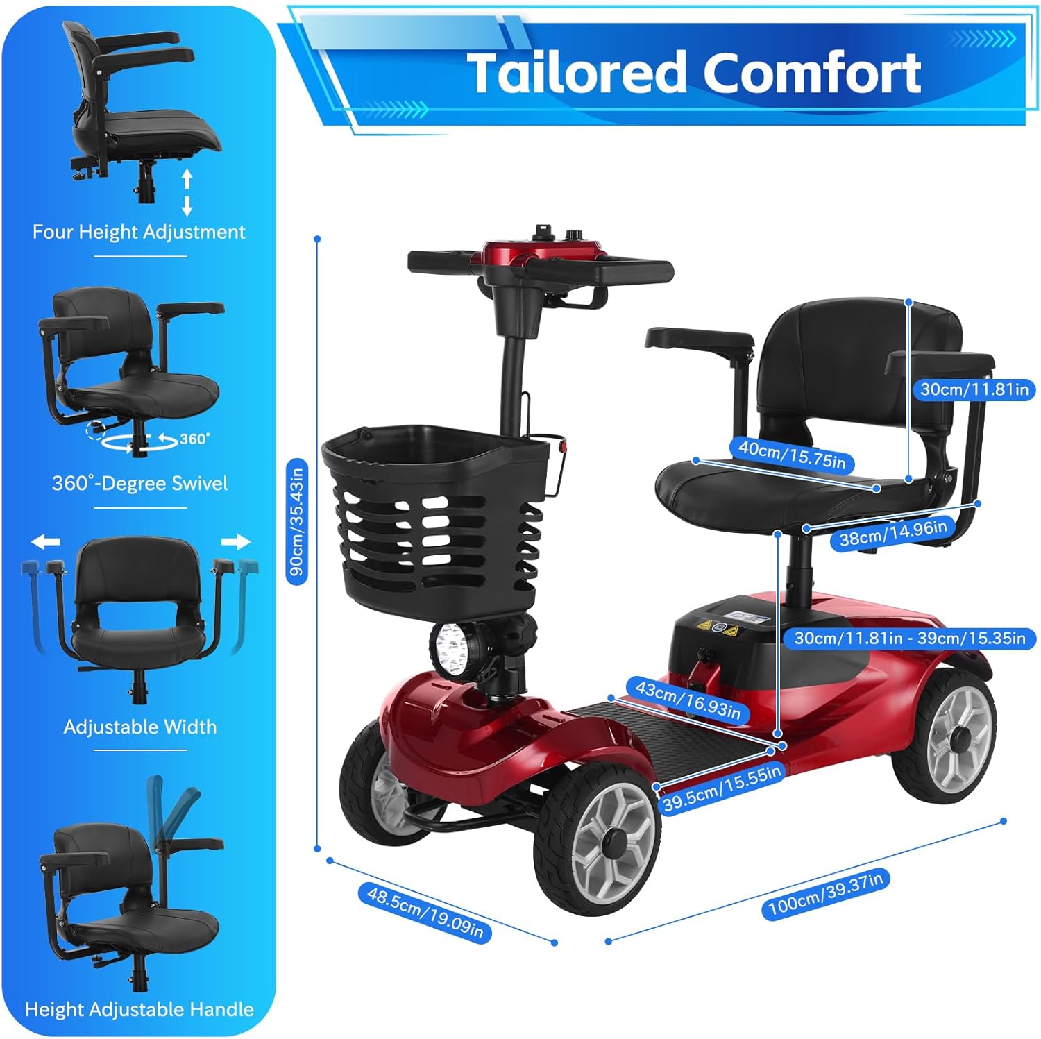 Ecomobi MS01 4-Wheel Foldable Mobility Scooter for Adults - 15-Mile Range | 300LBS Capacity