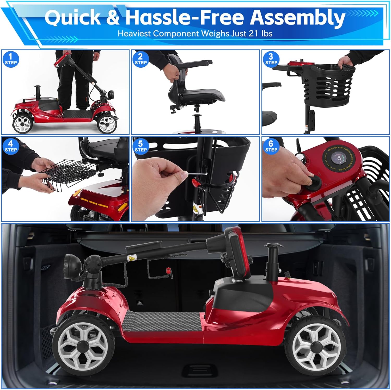 Ecomobi MS01 4-Wheel Foldable Mobility Scooter for Adults - 15-Mile Range | 300LBS Capacity