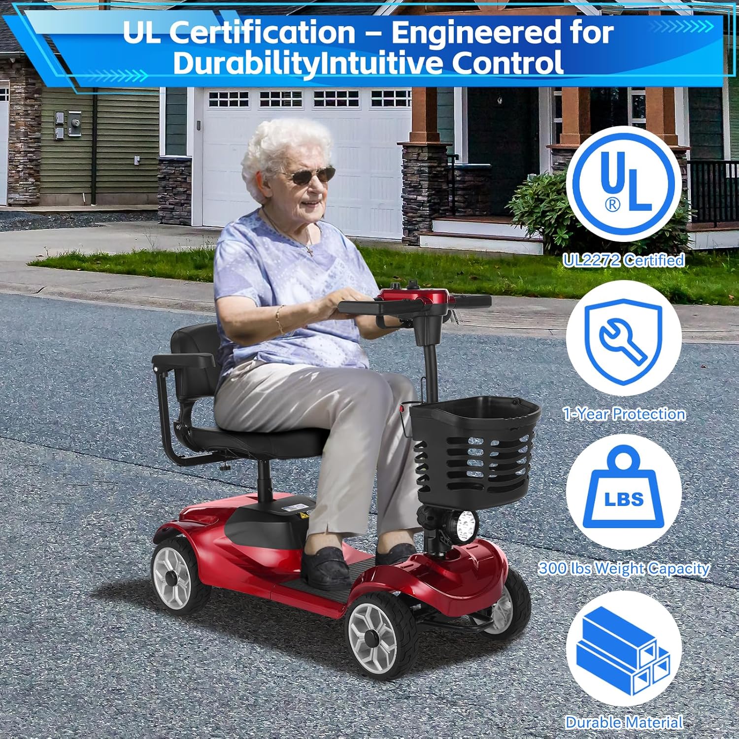 Ecomobi MS01 4-Wheel Foldable Mobility Scooter for Adults - 15-Mile Range | 300LBS Capacity