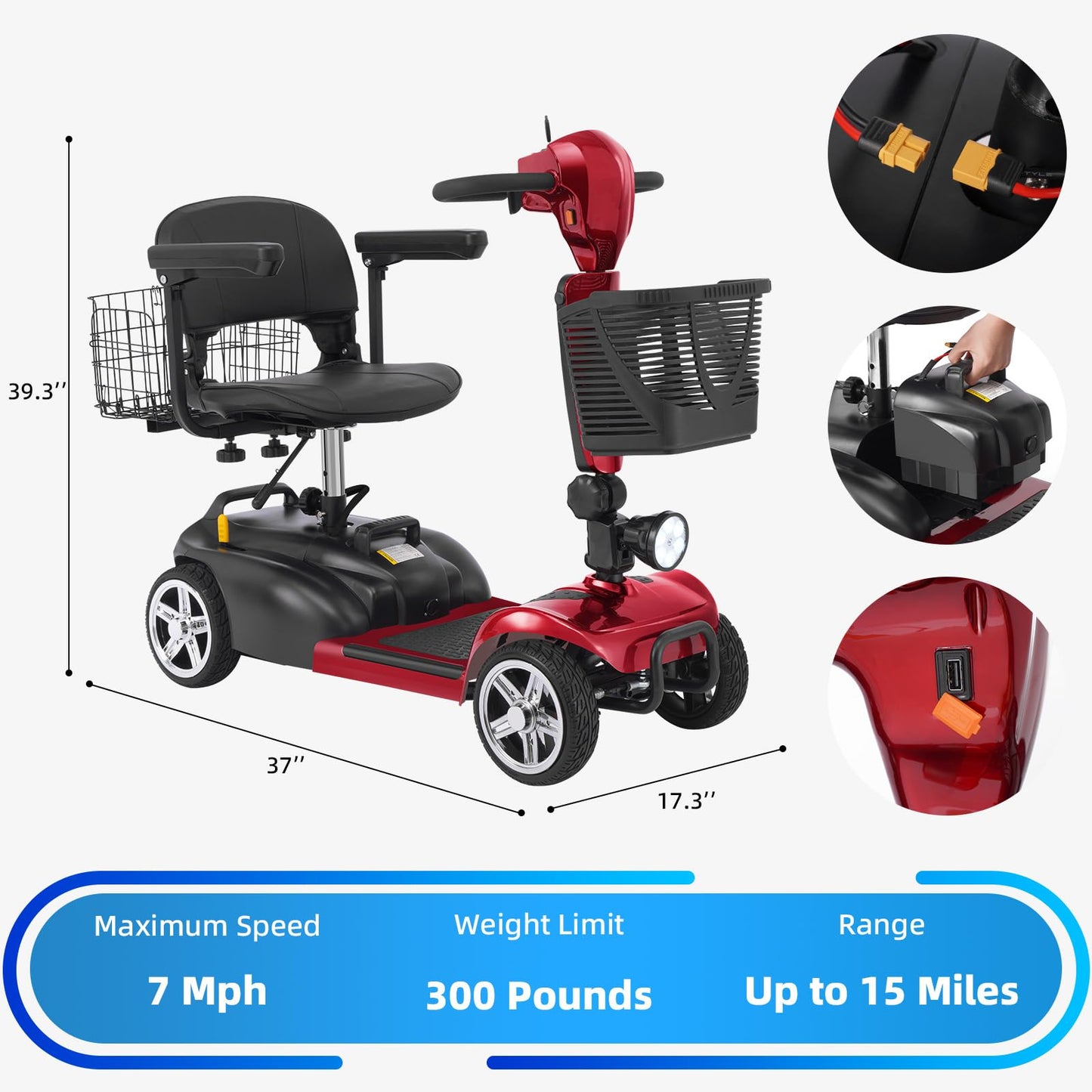 Ecomobi MS02 4 Wheels Electric Mobility Scooter for Seniors & Adults - 15Miles Range  with Detachable 15Ah Battery