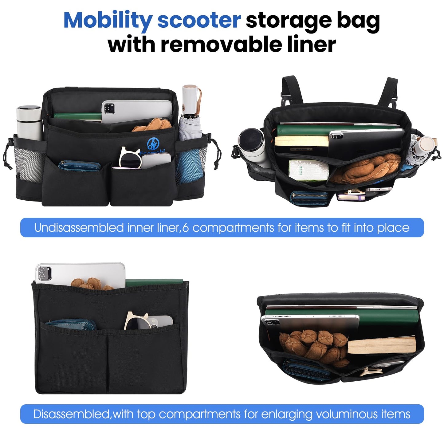 Ecomobi Mobility Scooter Bag - Waterproof, Durable, Multi-Pocket Organizer with Detachable Liner for Scooters, Strollers - Black