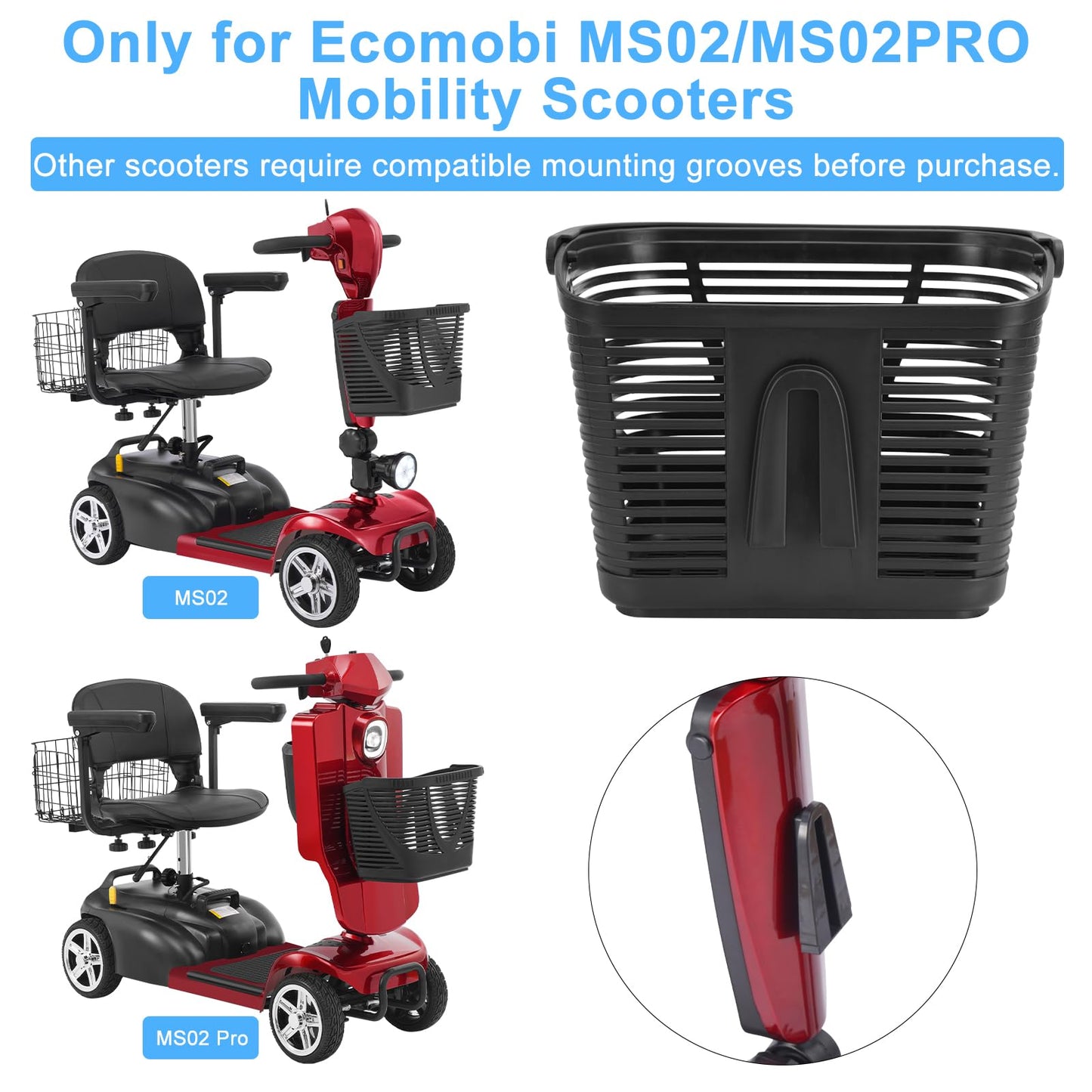 Ecomobi MS02 MS02PRO Mobility Scooter Basket - Accessory for 3 & 4-Wheel Scooters - Large Front Storage Attachment for Shopping with Carrying Handle for Travel - Easy to Assemble Replacement Part