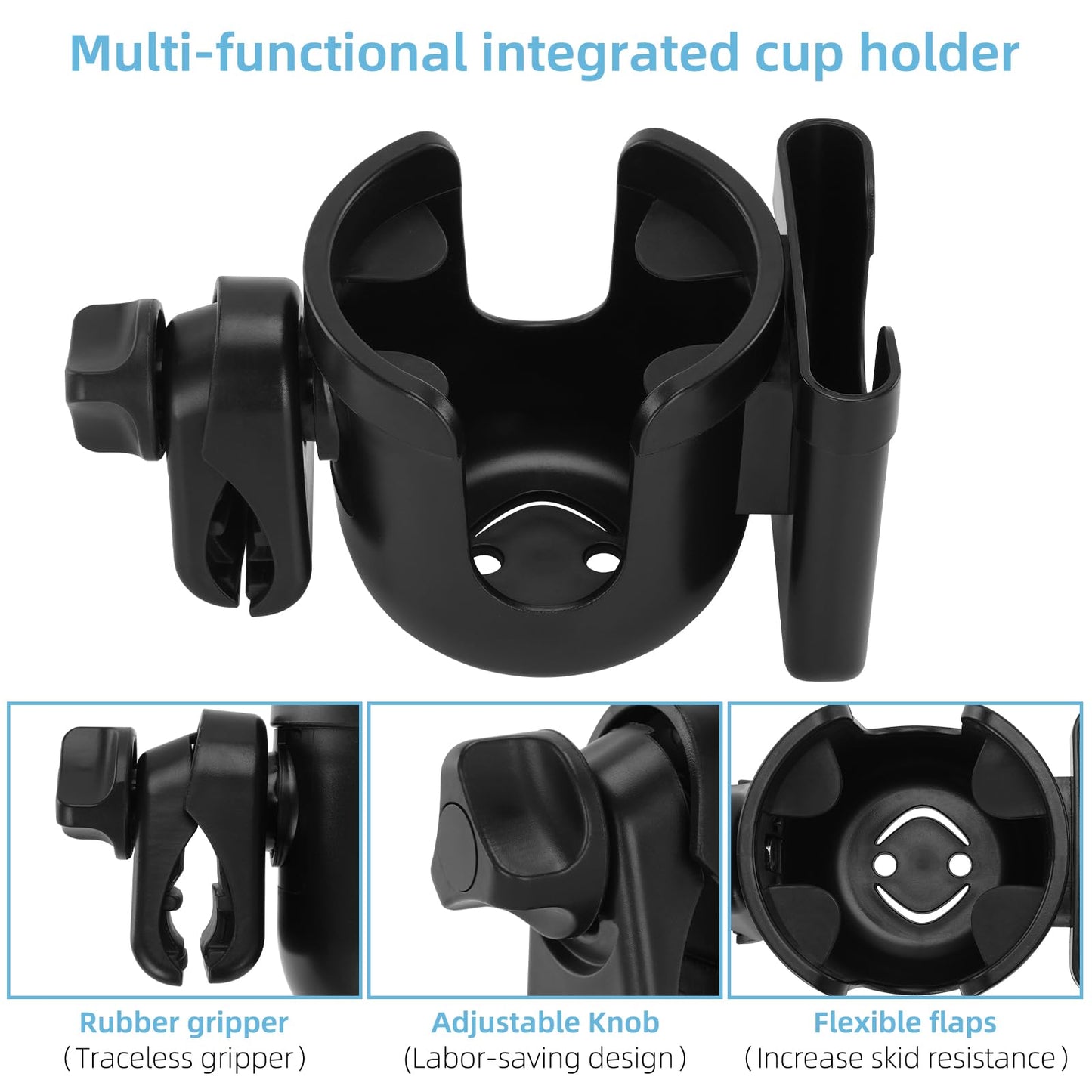 Ecomobi Multifunctional Cup Holder - Compatible with Strollers, Mobility Scooters, Wheelchairs - Phone Holder Included - 360° Rotatable Design