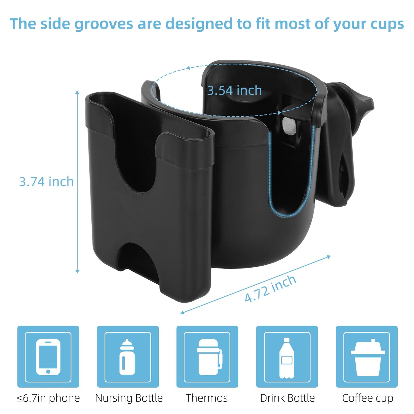 Ecomobi Multifunctional Cup Holder - Compatible with Strollers, Mobility Scooters, Wheelchairs - Phone Holder Included - 360° Rotatable Design